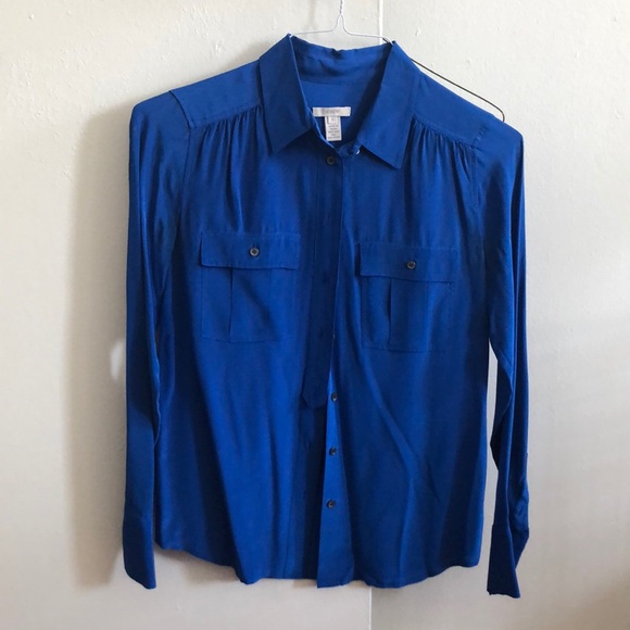 Royal blue silk button-down blouse - Picture 1 of 8